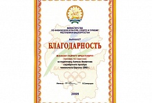 Благодарственное письмо Министерства физической культуры, спорта и туризма Республики Башкортостан 